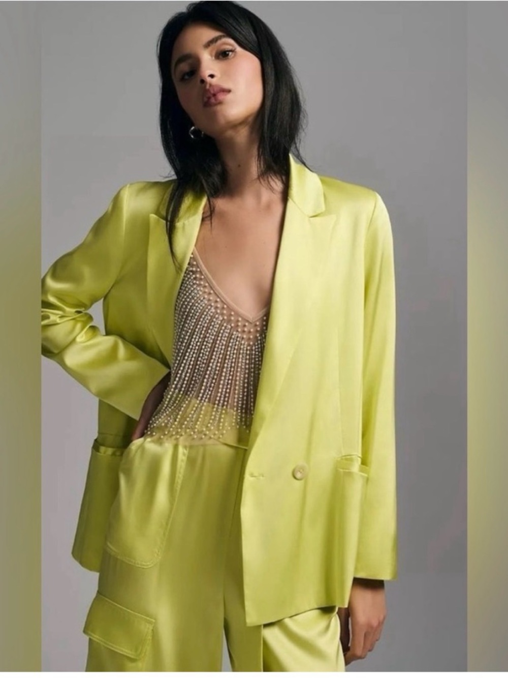 Yellow satin hutch quirky sleek sunny blazer Anthropologie